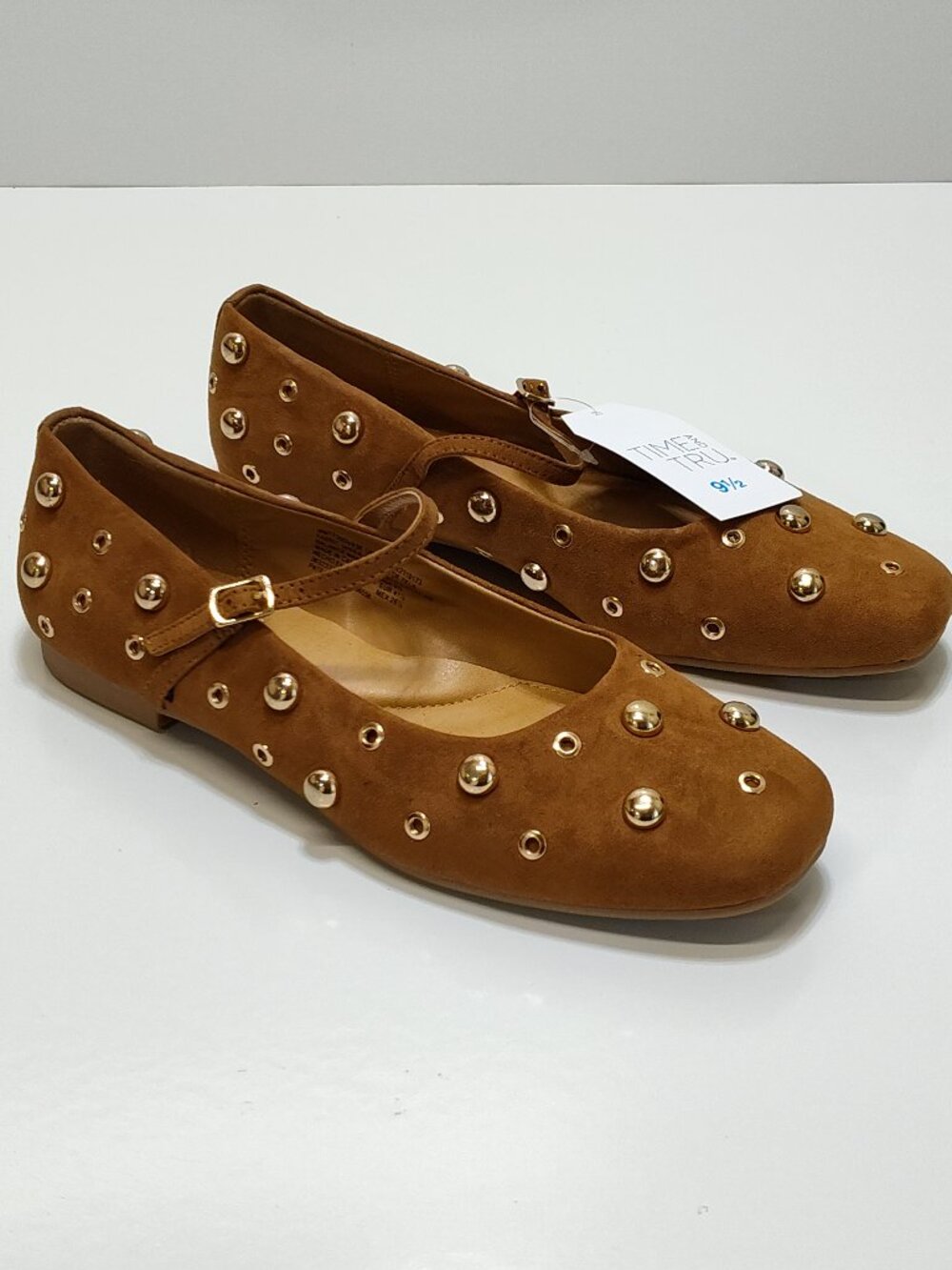 Time And Tru Mary Jane Ballet Flats Gold Studs Size 9.5 Memory Foam Fabric Upper